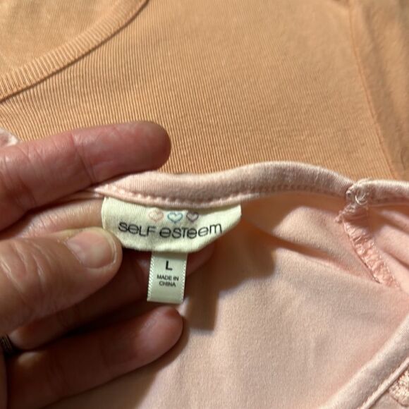 Self Esteem L Blush Pink Floral Crochet Tie at Waist High Low Short Sleeve Tee - Picture 9 of 11